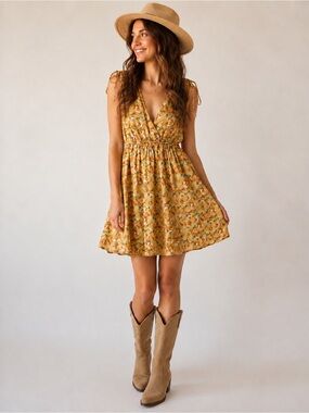 Forever 21 Yellow Floral Wrap Front Mini Dress